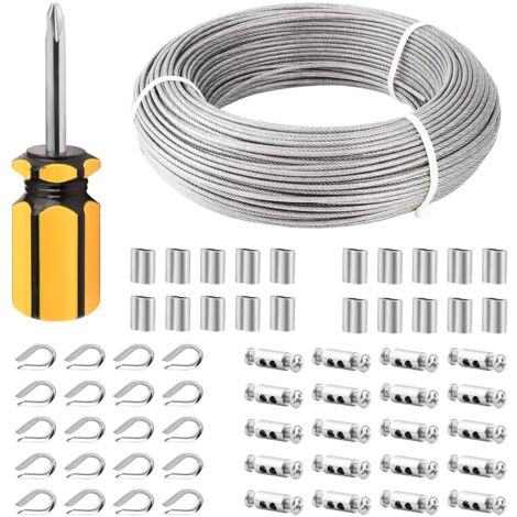 ZOLGINAH 100M/3mm Cable Métallique,3mm Cable Acier Revêtu,3mm Corde en Acier Inoxydable à Suspendre,Cable inox avec Manchons de Câble Métallique,Serre-Câbles M3,Cosses en Acier Inoxydable,Tournevis