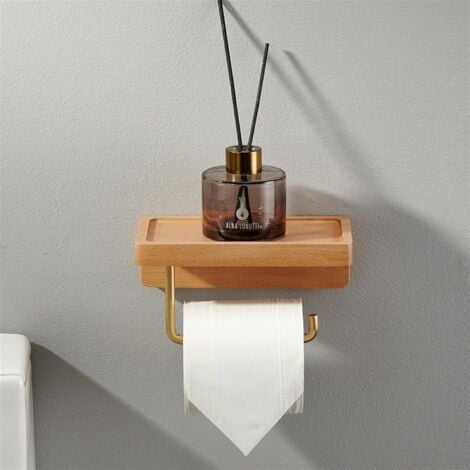 ZOLGINAH Porte Papier Toilette Double Installation Bois Massif Hêtre Dérouleur Support Papier WC Mural Auto-adhésif Coins Arrondis Porte Rouleau de Papier Décor pour la Salle de Bain Cuisine (Hêtre)