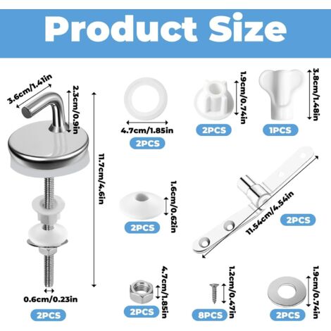 2 Pièces Charnières Abattant WC Fixations Rapides Acier Inox + Caoutchouc - Trou 14-15mm