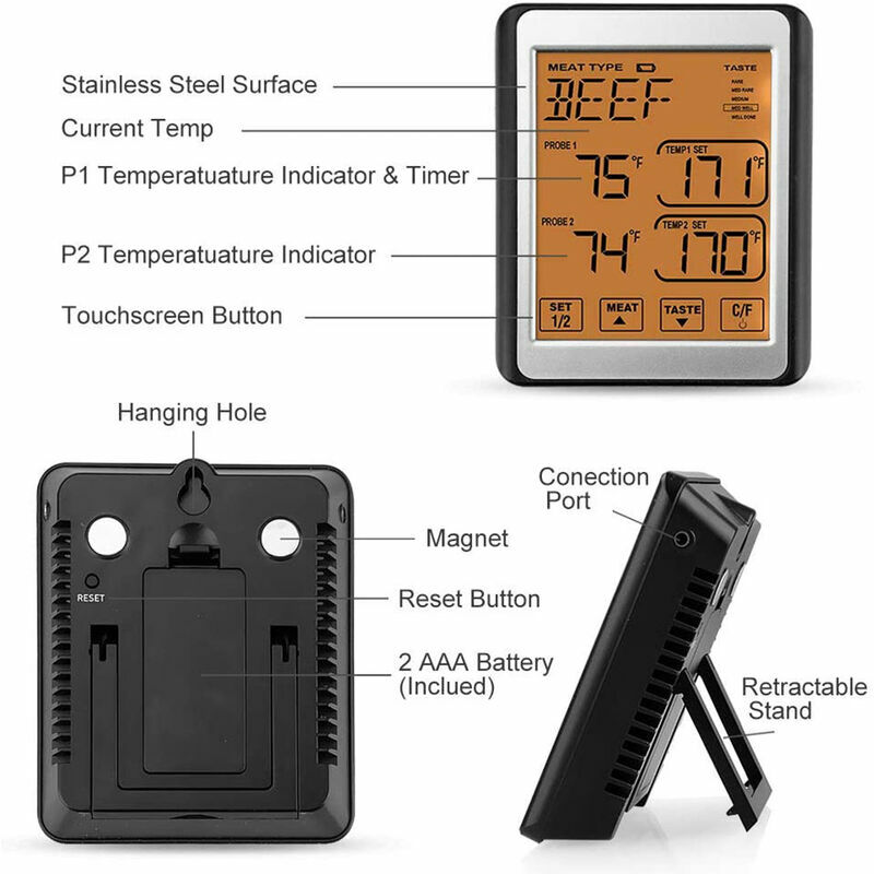 Thermomètre de gril numérique avec 2 sondes Thermomètre de cuisine