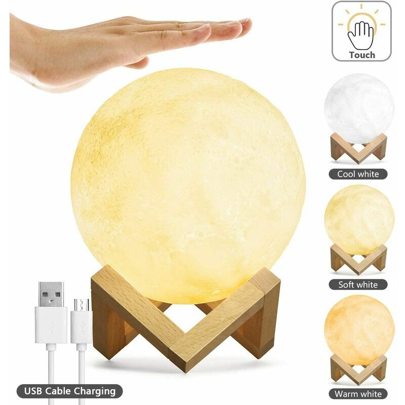 Veilleuse lune, lumière de lune LED 3 couleurs avec support, chargement  USB, contrôle tactile, blanc chaud/blanc froid/jaune et réglage de la  luminosité pour enfant, cadeau d'anniversaire, diamètre 15 : :  Outils et