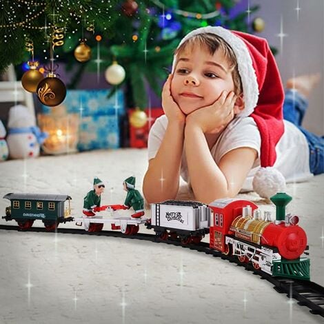 Train électrique pour sapin de Noël avec locomotive, wagons, rails lumière  et son