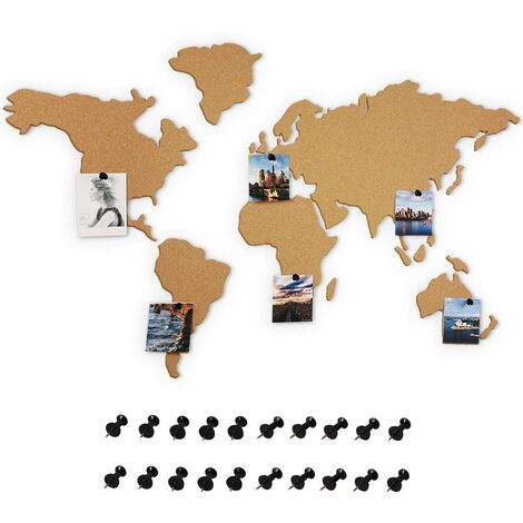 Carte du monde en liège autocollant avec épingles