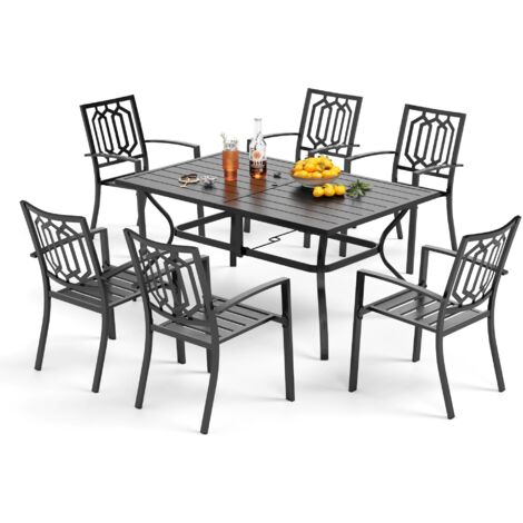 Phivilla – Ensemble table et chaises de jardin 6 places – Table rectangulaire en métal avec trou pour parasol – Chaises empilables confortables