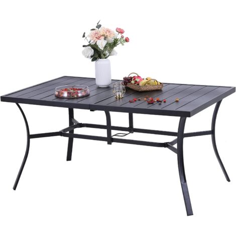 PHIVILLA 150 90cm Garden Table for 6 Person Rust Proof Steel Frame and Parasol Hole Outdoor Furniture Garden Dining Table Maintenance Free Black