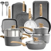 Kitchen Academy Lot de 17 casseroles et poêles antiadhésives, ensemble de poêles à induction, ensemble de casseroles antiadhésives en granit, gris
