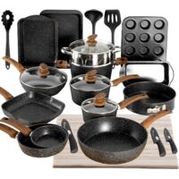 Kitchen Academy Lot d'ustensiles de cuisine et de cuisson, ensemble de 30 casseroles et poêles antiadhésives, ensemble de poêles à induction, ensemble de casseroles antiadhésives en granit (noir)
