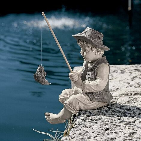 Autre statue de jardin  Statue Jardin pêcheur pêche garçon avec Posture Assise Maison Campagne européenne Personnage Dessin animé Ornements Jardinage Piscine extérieure étang pêche Ornement