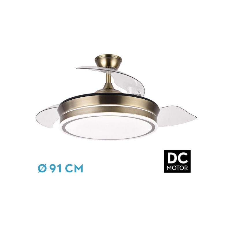 FABRILAMP AKUNADECOR - Ventilador de Techo Dorado Modelo BAYOMO S con Motor DC y 4 Aspas Retráctiles  Luz LED 59W  3 Tonalidades  6 Velocidades  Control Remoto  Función Invierno/Verano