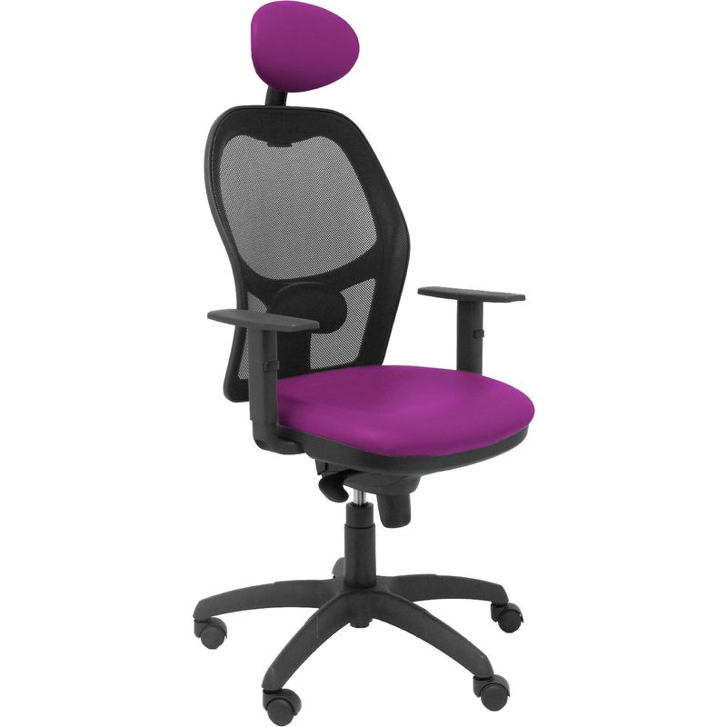 Silla Jorquera malla negra asiento similpiel morado con cabecero fijo