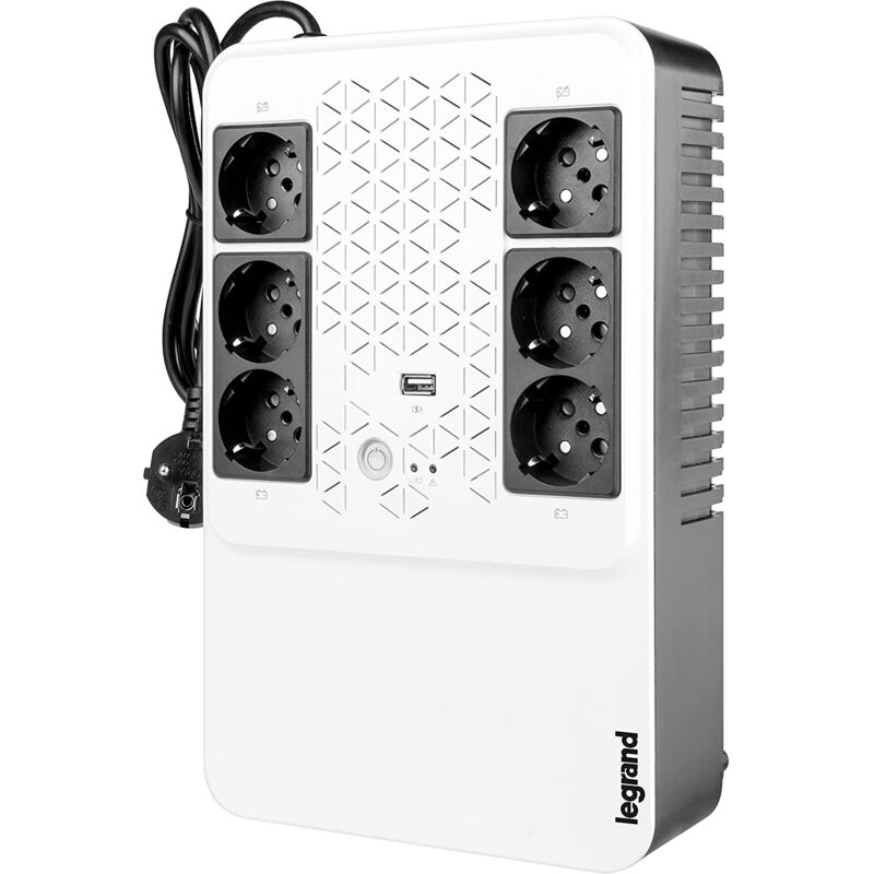 SAI Keor multiplug, 310081 de Legrand, line interactive con 6 bases Schuko  y protección integrada 600VA 360W y autonomía de 10 a 15 minutos,  blanco/negro