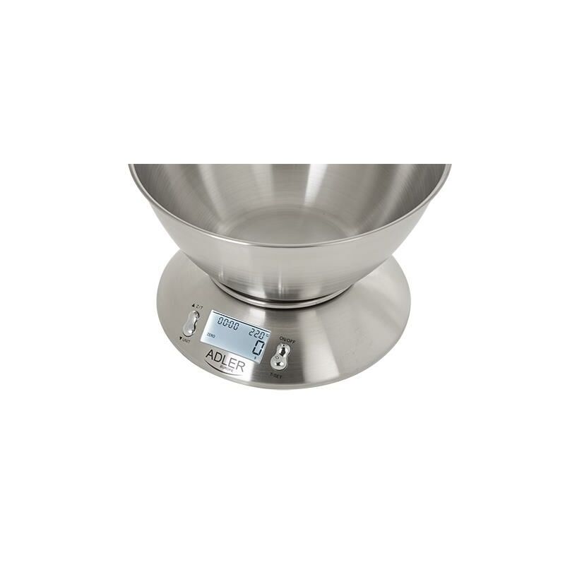 Adler AD 3134 - Báscula de Cocina Digital con Pantalla LCD, Alta Precisión 1Gr, Hasta 5 Kg, Bowl medidor,