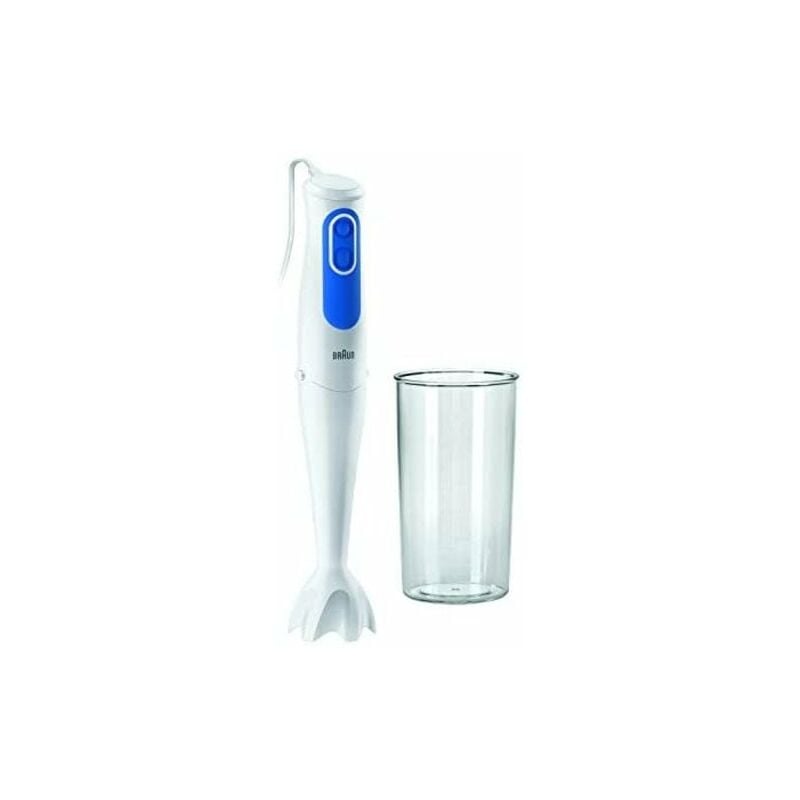 Braun Minipimer 3 MQ3000 - Batidora de Mano de 700W con Brazo Metálico, 2 Velocidades, Tecnología Powerbell Plus, Antisalpicaduras, Vaso Medidor de 600 ml, Color Blanco y Azul