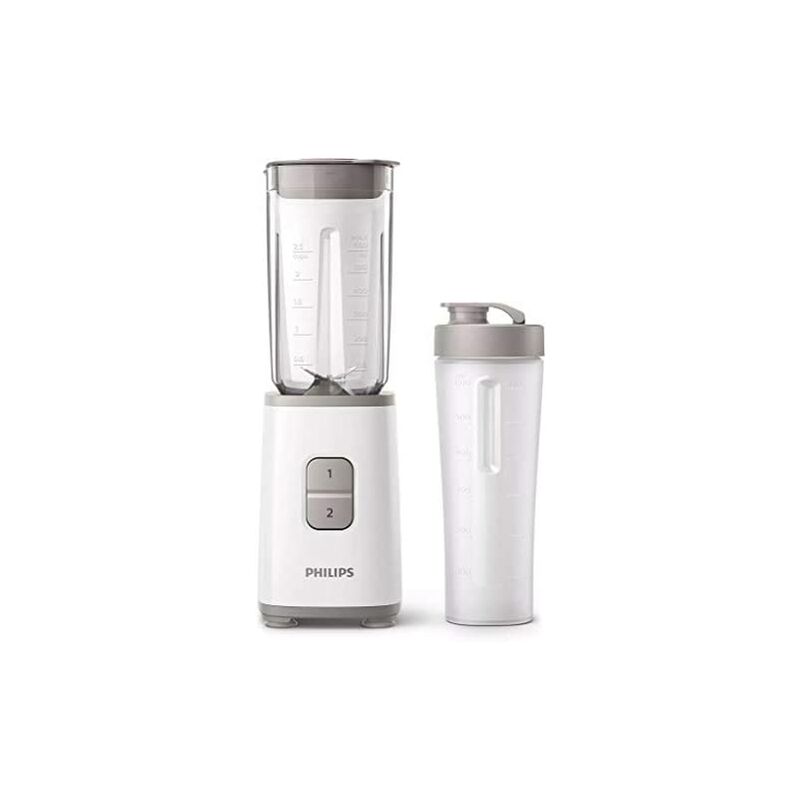 Philips HR2602/00 Batidora Mini Daily con Cuchilla De 4 Hojas, Jarra De 0.6 L, 2 Velocidades, Vaso Portátil Incluido, Pica Hielo, 350 W, 600 milliliters, Blanco