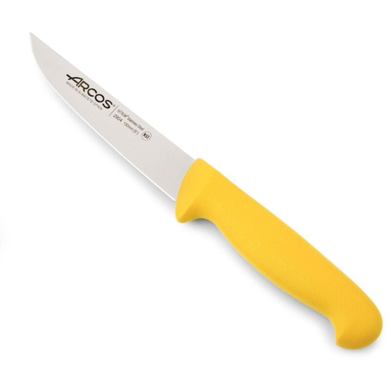 Cuchillo de cocina Arcos 2900 - Prof 290400 de acero inoxidable Nitrum y mango ergonómico de Polipropileno de color amarillo y hoja de 13 cm, funda display