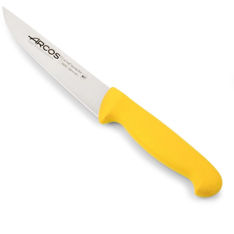 Cuchillo de cocina Arcos Colour - Prof 290500 de acero inoxidable Nitrum y mango ergonómico de Polipropileno de color amarillo y hoja de 13 cm, funda display