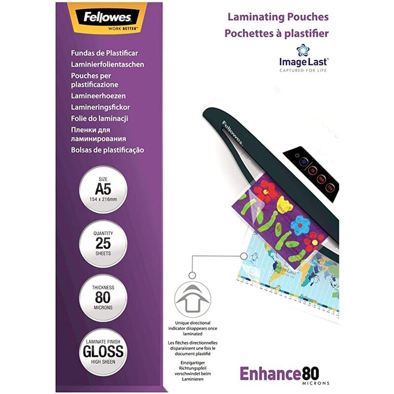 Fellowes pack de 25 fundas para plastificar brillo a5 - 80 micras - alta calidad - transparente