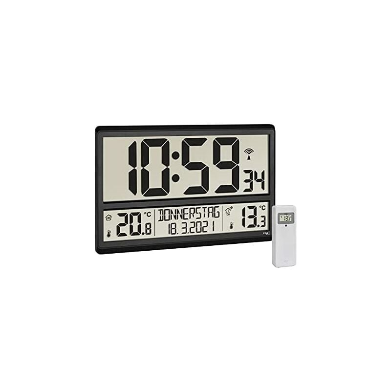 TFA Dostmann 60.4521.01 - Reloj de Pared Digital XL con Temperatura Exterior, Temperatura Interior, día de la Semana (8 Idiomas), Radio, Fecha, Color Negro (360 x 235 x 28 mm (84)