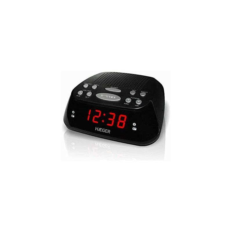 Radio Despertador Digital haeger snooze negro snoozersleep alarma doble 20 memorias emisoras 10 fm am pantalla led rojo para una visualización.