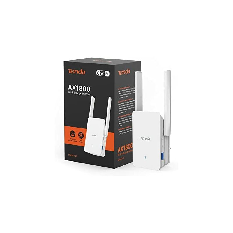 Tenda A27 Repetidor WiFi 6 AX1800, Amplificador de Red WiFi y Extensor, 2.4 GHz y 5 GHz, Velocidad Doble Banda, Puerto Gigabit, Antenas 25dBi, Luz Señal Inteligente, Botón WPS, Punto de Acceso