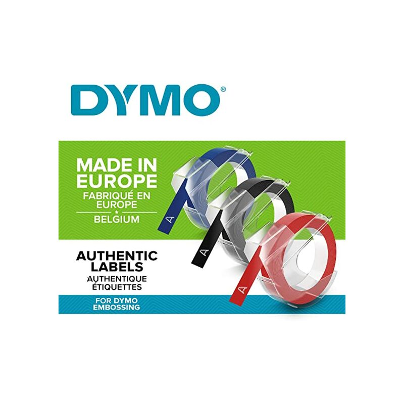 DYMO auténtica etiquetas de estampación 3D, 9 mm x 3 m, Azul, Negro y Rojo, Autoadhesivas, para las etiquetadoras de estampado, 3 rollos, Fabricado en Europa