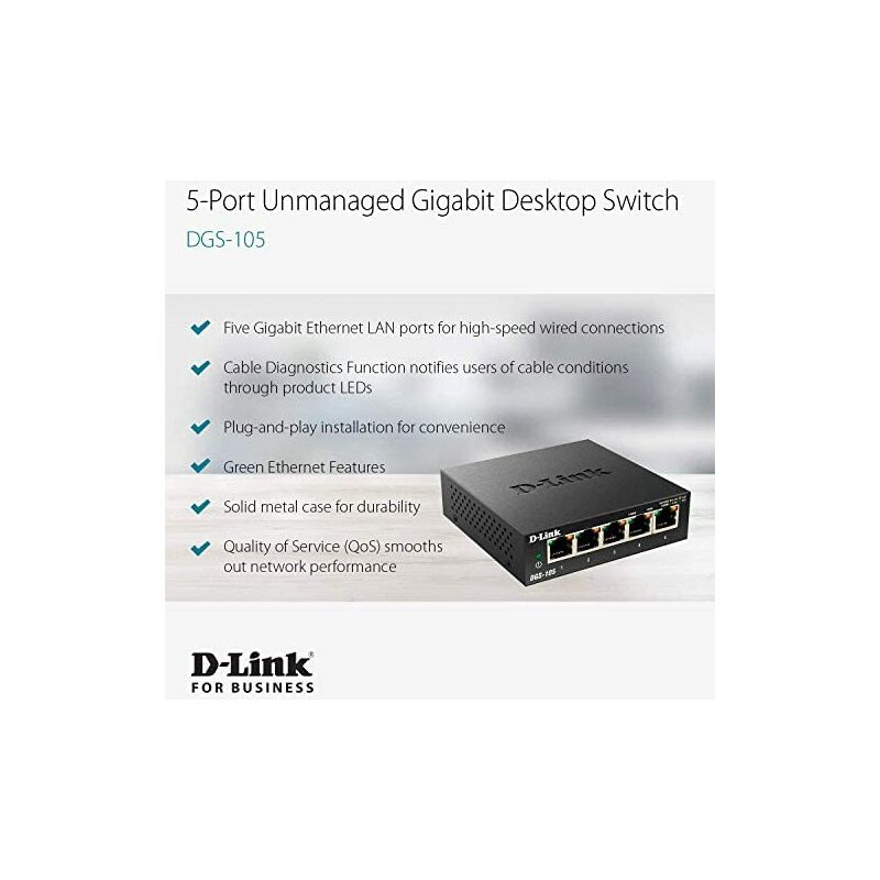 D-Link DES-105/B, Fast Ethernet Switch, 5 Port Unmanaged 10/100 Metal  Fanless Desktop or Wall Mount Design