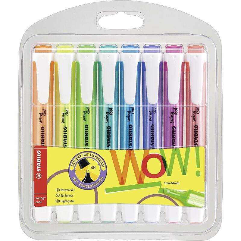 Stabilo swing cool pack de 8 marcadores fluorescentes - cuerpo plano - punta biselada - trazo entre 1 y 4mm - tinta con base de agua - antisecado - colores surtidos