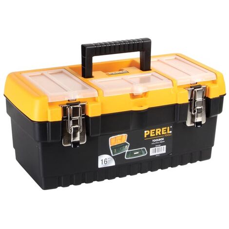 Perel Caja de herramientas, polipropileno, con bandeja de herramientas extraíble, 3 compartimentos en la tapa, mango plegable y cierres de metales, negro/naranja, 413 x 212 x 186 mm