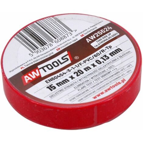 Cinta aislante Awtools 19 mm x 20 m roja, ideal para aislamiento eléctrico, flexible, resistente, fácil de usar, perfecta para reparaciones y trabajos de bricolaje. (1/2)