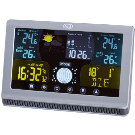 Trevi ME 3P70 RC Estación meteorológica con sensor exterior y controles táctiles, indicaciones termómetro, humedad y fase lunar, alarmas programables con función Snooze, calendario multilingüe