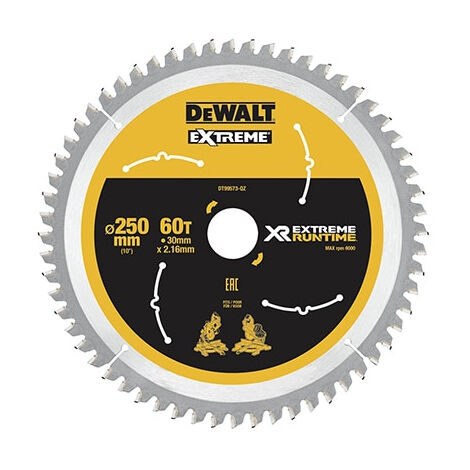 Hoja de sierra circular DeWalt DT99573-QZ, 250 mm, 80 dientes, corte preciso en madera y materiales compuestos, compatible con sierras de mesa y portátiles.