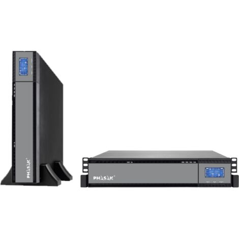 SAI Online Rack, marca Phasak, modelo PH 9320 de 2000 VA, ideal para IT, industria y telecomunicaciones, con doble conversión, baterías externas, RJ45, LCD y gestión remota.