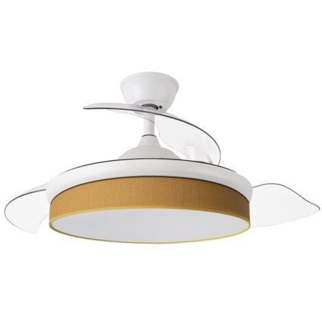 Abrila - Ventilador DC MODA  Color Blanco con tres Aspas Desplegables ABS y Difusor Amarillo  6 Velocidades Ajustables  3 Temperaturas de Luz  con Temporizador y Mando a Distancia Incluido (1/2)
