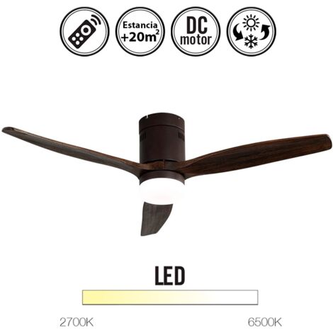TODOLAMPARA - Ventilador de techo con luz LED 18W motor DC modelo AGUILON Marrón, 3 tonalidades, 3 aspas Roble, 5 velocidades, control remoto, memoria, temporizador, silencioso y bajo consumo