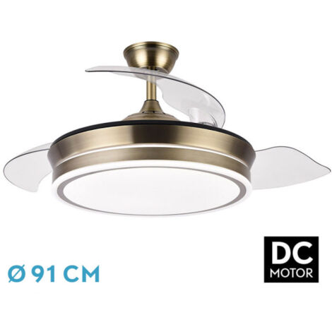 FABRILAMP AKUNADECOR - Ventilador de Techo Dorado Modelo BAYOMO S con Motor DC y 4 Aspas Retráctiles  Luz LED 59W  3 Tonalidades  6 Velocidades  Control Remoto  Función Invierno/Verano
