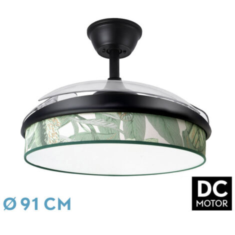 Abrila - Ventilador DC MODA  Color Negro con tres Aspas Desplegables ABS y Difusor de Hoja Verde  6 Velocidades Ajustables  3 Temperaturas de Luz  con Temporizador y Mando a Distancia Incluido (1/3)