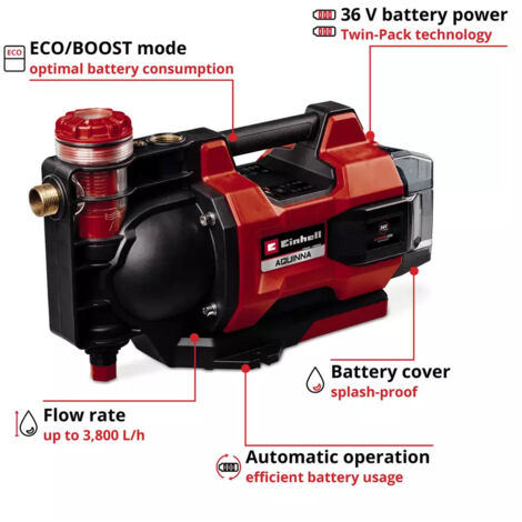 Einhell Bomba de jardín automática con batería AQUINNA 36/38 F LED AUTOMATIC Power X-Change (36 V, máx. 3800 l/h, altura de impulsión máx. 37 m, función automática, ECO/Boost, prefiltro, sin batería)