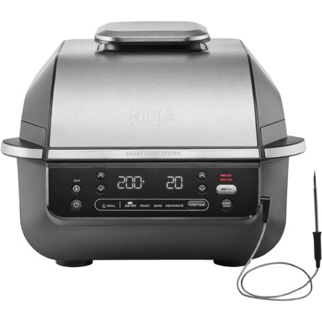 Ninja 5 en 1 Freidora de aire y parrilla de interior, 5 funciones de cocción sin humo, cocina hasta 4 hamburguesas, capacidad de 5,7 l, incluye termómetro digital para carne, negro/plata, EG351EU