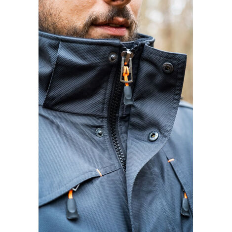 NEO TOOLS Chaqueta de trabajo para hombre, para actividades al aire libre, Dobby, material transpirable, 100% poliéster, revestimiento de membrana de TPU, impermeable de 5000 mm, capucha oculta (M) (1/5)