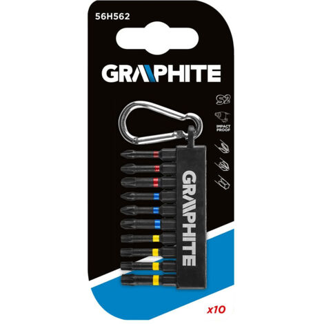 GRAPHITE Juego de 10 brocas de percusión PH1/2/3, PZ1/2/3, TX25/27/30/40, longitud total: 50 mm, acero S2, accionamiento de 1/4" (1/2)