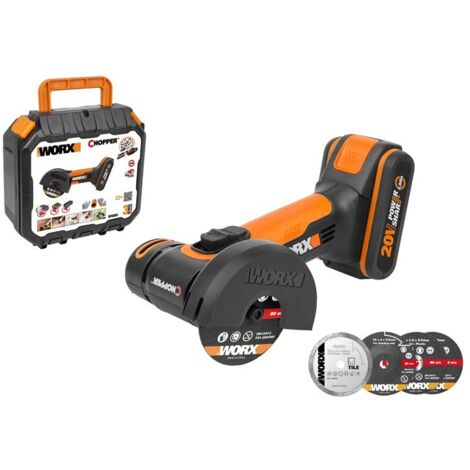 WORX WX801 Mini Amoladora Chopper 20 V WORX, PowerShare, 1 batería 2 Ah, Ajuste rápido del protector de disco, Bloqueo del husillo, Compacta y versátil, Color Negro (1/3)