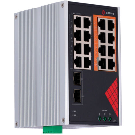 Switch Din Poe Gigabit 8p Rj45 + 8p Rj45 +2sfp Safire Sf-swi1808hipoe