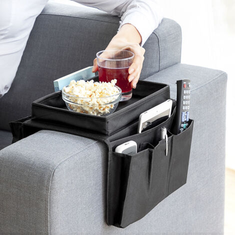 InnovaGoods® organizador de reposabrazos para sofa, bolsillo bandeja para sofa, organizador de mandos, Uso para ordenar utensilios de ocio y apoyar snacks o bebidas, 6 compartimentos, Color Negro (1/5)