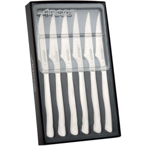 Juego de Cuchillos Chuleteros  Arcos de Mesa 378000 monoblock de una pieza de acero inoxidable, hoja de 10 cm en estuche 6 piezas