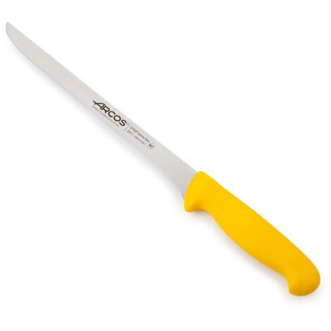Cuchillo Jamonero Arcos 2900 - Prof  291100  de acero inoxidable Nitrum y mango ergonómico de Polipropileno de color amarillo y hoja de 24 cm, funda display