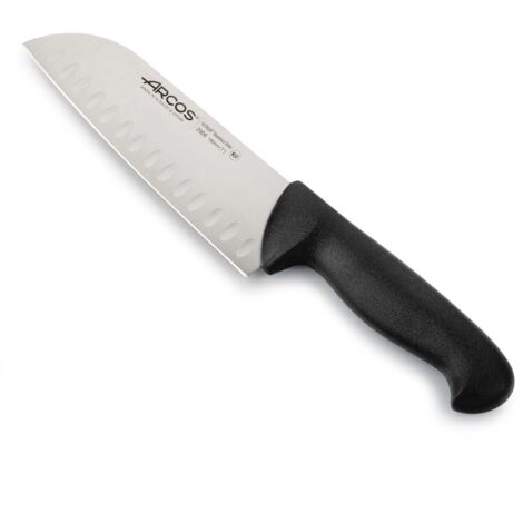 Cuchillo Santoku Arcos Colour - Prof 290625 con alveolos de acero inoxidable Nitrum y mango ergonómico de Polipropileno de color negro y hoja de 18 cm, funda display