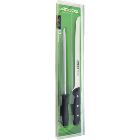 Set cuchillo jamonero y chaira Arcos Maitre 151900 de acero inoxidable Nitrum y mango de polipropileno 2 piezas en estuche (1/3)
