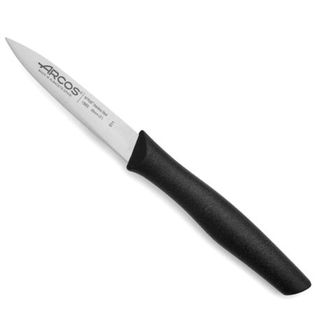 Cuchillo Mondador Arcos Nova 188500 de acero inoxidable Nitrum y mango de Polipropileno, de color negro hoja de 8,5 cm con funda hoja y caja expositor