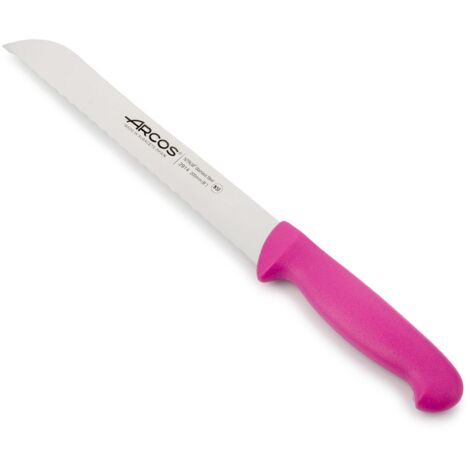 Cuchillo panero Arcos Colour - Prof  291431  de acero inoxidable Nitrum y mango ergonómico de Polipropileno de color fuscia y hoja de 20 cm, funda display