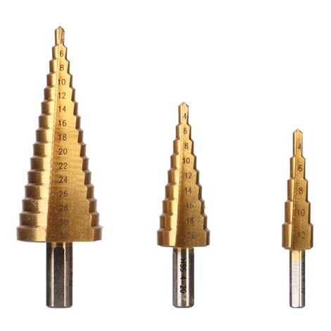 Toolland Taladro de paso HSS, para todos los metales, recubrimiento de titanio, conjunto de 3 piezas, tamaños Ø 4-12/4-20/4-32 mm (1/5)
